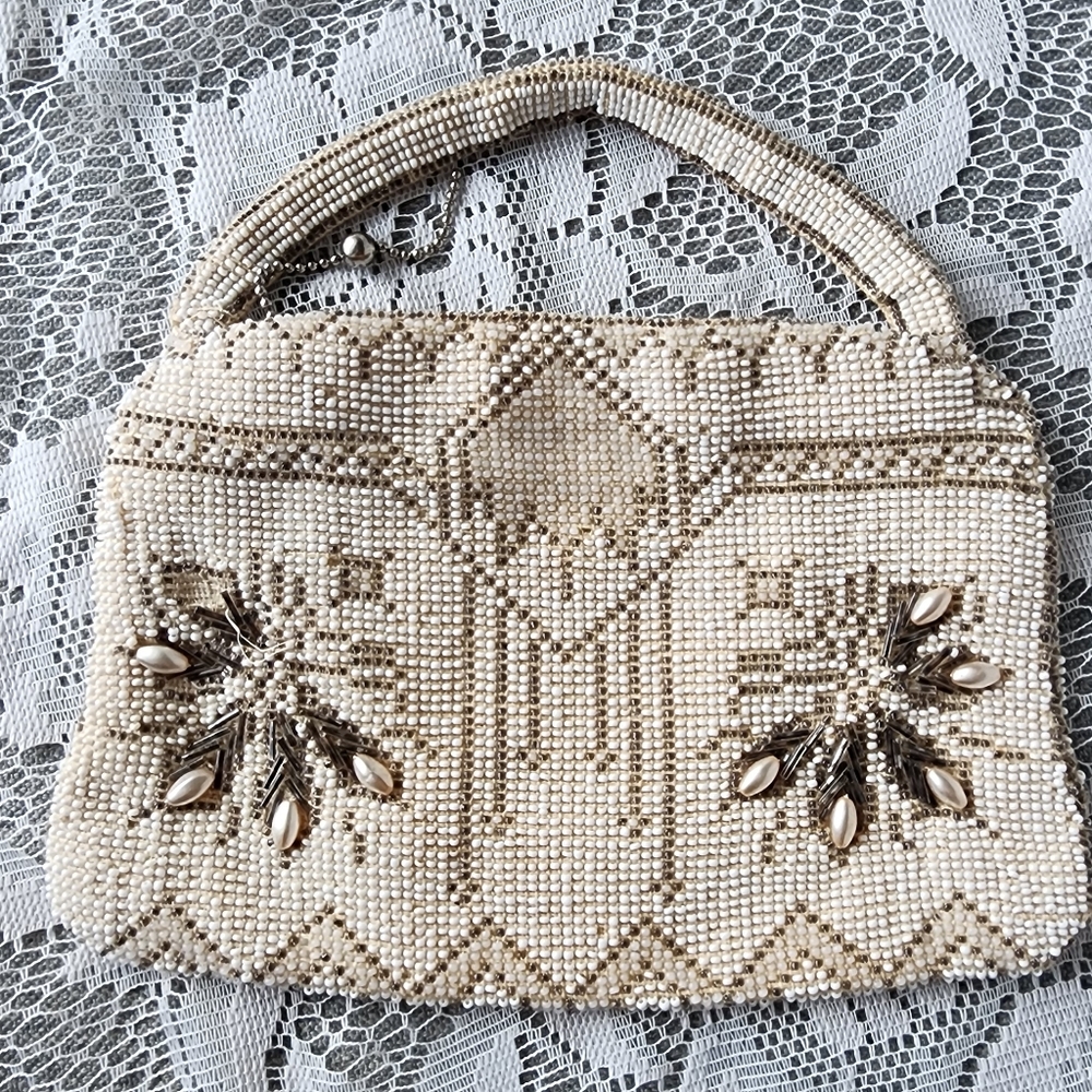 Vintage 40s–50s Beaded Evening Bag Made in Czechoslovakia Ivory Glass